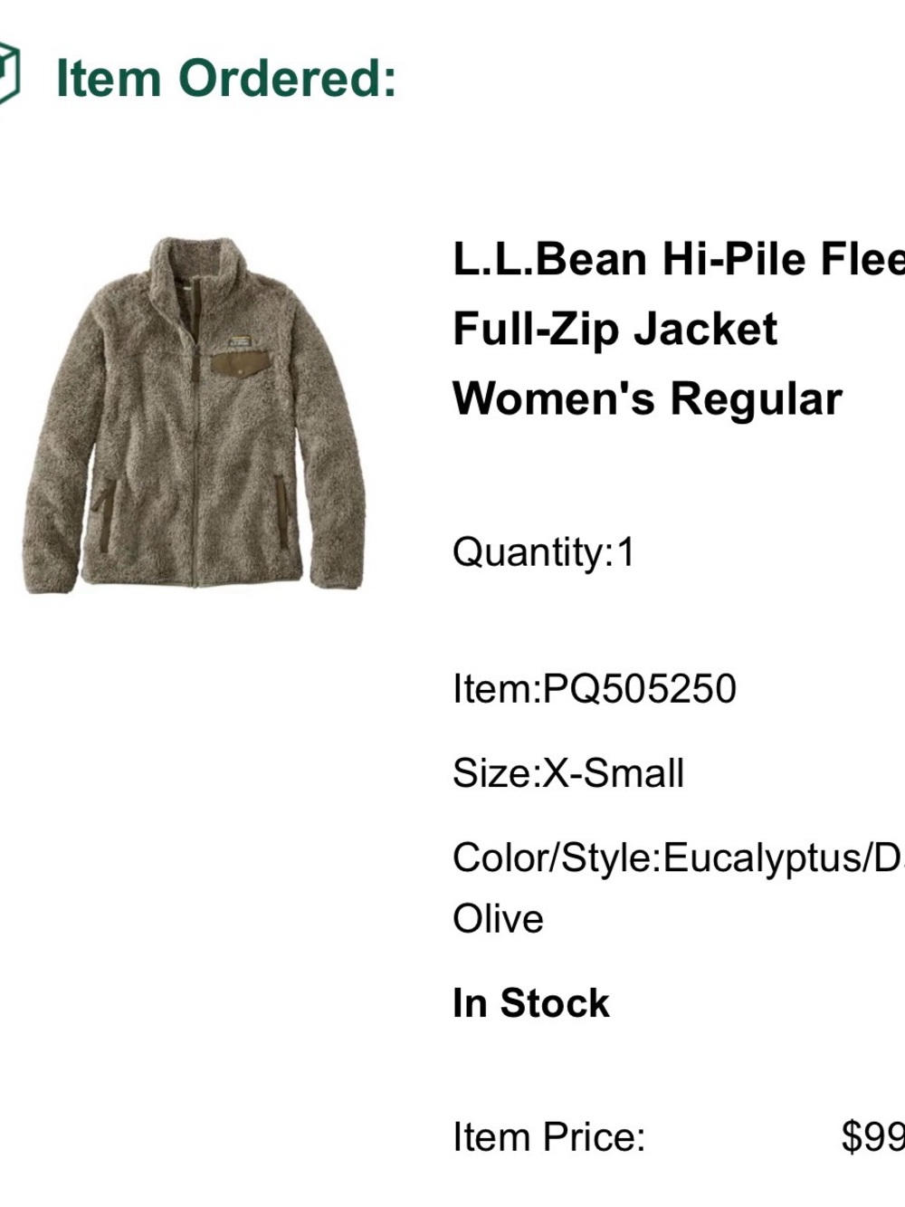 L.L. Bean Women's Hi-Pile Fleece Full-Zip Jacket in Eucalyptus/Olive